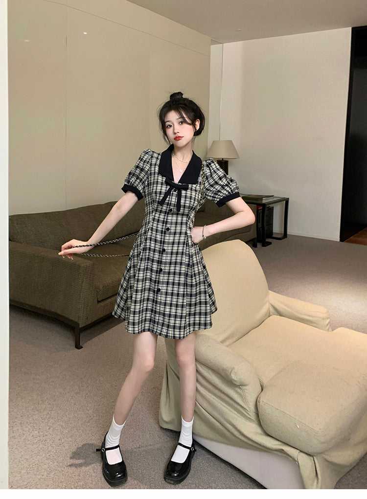 Plaid Bow Flower Brooch Puff Sleeve Dress main image 0