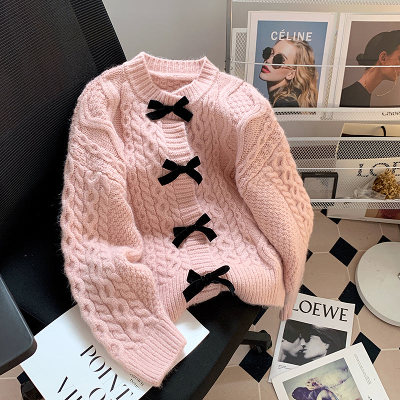 Bow Bottons Cable Knit Cardigan