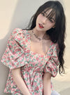 Square Collar Puffed Sleeve Floral Shirt