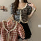 Vintage Plaid Lace Trim Patchwork Short-sleeved Shirt