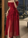 Red Ruffled Hem Split Dress