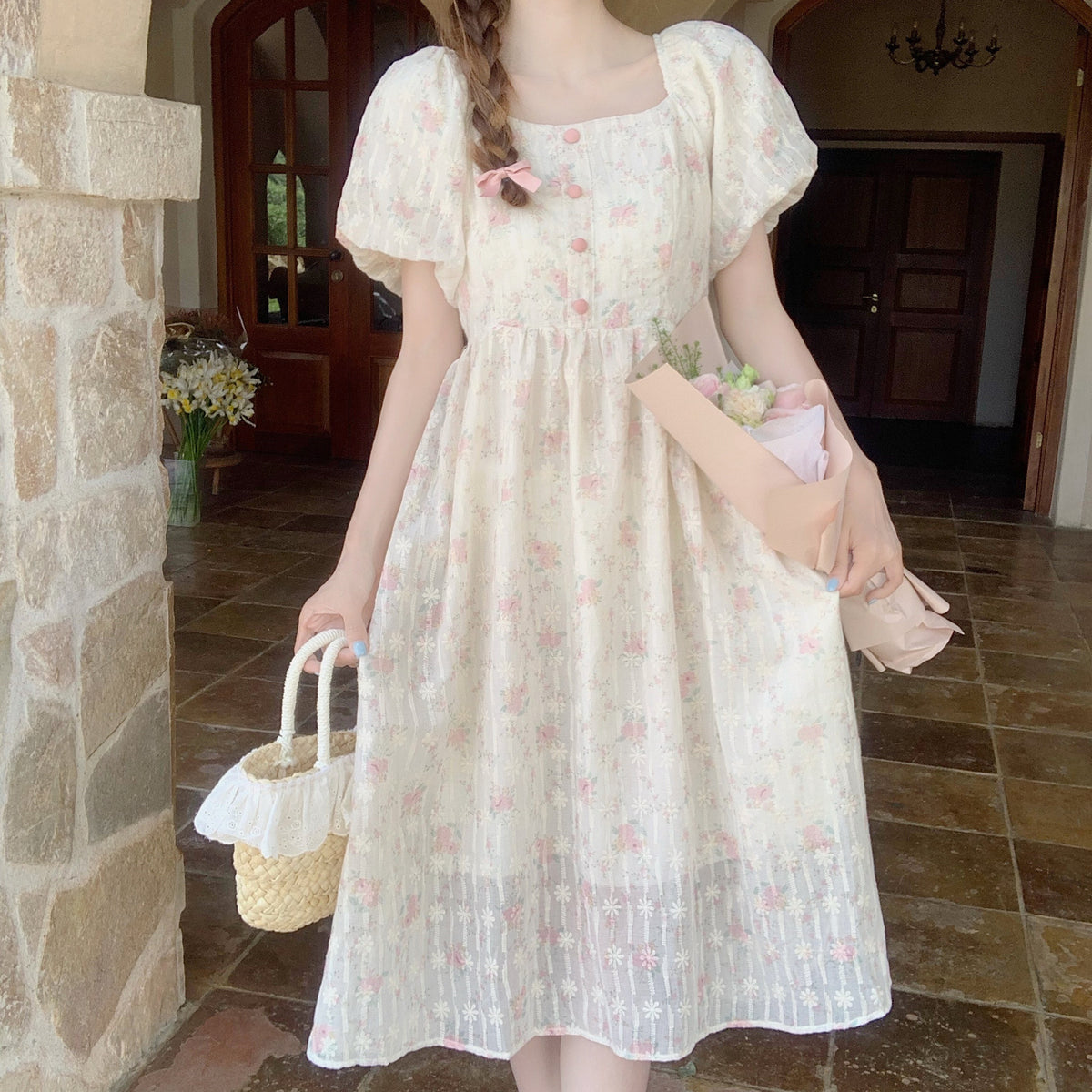 Floral Square Neck Puffy Sleeve Dress