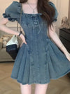 Square Neck Puffed Sleeves Pleated Denim Dress
