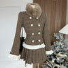 Classic Houndstooth Quilted Blazer + Mini Skirt 2pcs Set (Fur Collar Included)