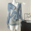 Blue V-neck Tie-dye Slim Shirt