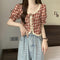 Vintage Plaid Lace Trim Patchwork Short-sleeved Shirt