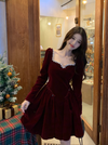 French Velvet Square Collar Long-sleeved Dress