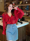 Vintage Red Polka Dot  V-neck Chiffon Long-sleeved Shirt