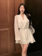 Long-sleeved V-neck Chiffon White Dress