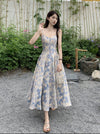 French Blue Oil Painting Floral Halter Dress