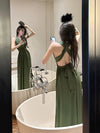 Sexy Backless Vintage Green V-neck Dress