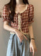 Vintage Plaid Lace Trim Patchwork Short-sleeved Shirt