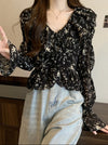 French Vintage Ruffled Long-sleeved  Floral Shirt