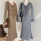 Vintage Feather Collar Cardigan + Mermaid Skirt 2pcs Set