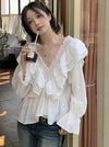 Ruffled V-neck Chiffon Long-sleeved Shirt