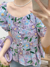 French Square Collar Puffed Sleeve Floral Chiffon Shirt