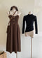 Stand Collar Top + Corduroy Slip Dress 2pcs Set