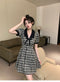 Bow Puffed Sleeves Plaid Dress