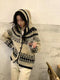 Fair Isle Knit  Full Buttoned Hooded Top