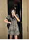 Bow Puffed Sleeves Plaid Dress