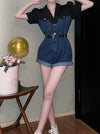 High Waist Wide Leg Short Denim Jumpsuit