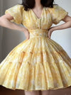 V-neck Bubble Sleeves Floral Dress