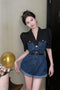 High Waist Wide Leg Short Denim Jumpsuit