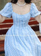 Retro Plaid Square Collar Bubble Sleeve Dress