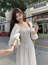 White Square Collar Bubble Sleeve Dress