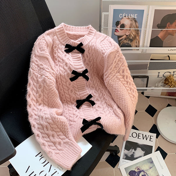 Bow Bottons Cable Knit Cardigan