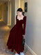 French Velvet Square Collar Long-sleeved Dress